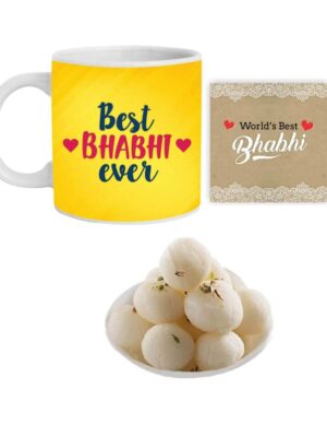 Yaya Cafe Rakhi Sweets Gift Combo for Bhabhi, Best Bhabhi Ever Hamper Set of 4 - Mug, Coaster, Rasgulla - 1 Kg, Printed Rakhi