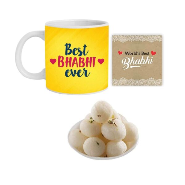 Yaya Cafe Rakhi Sweets Gift Combo for Bhabhi, Best Bhabhi Ever Hamper Set of 4 - Mug, Coaster, Rasgulla - 1 Kg, Printed Rakhi