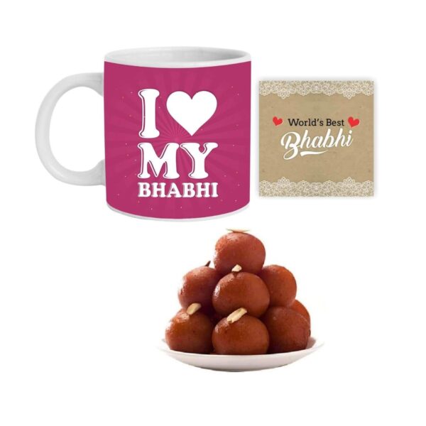 Yaya Cafe Rakhi Sweets Gift Combo for Bhabhi, I Love My Bhabhi Hamper Set of 4 - Mug, Coaster, Gulab Jamun - 1 Kg, Printed Rakhi
