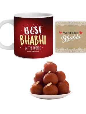 Yaya Cafe Rakhi Sweets Gift Combo for Bhabhi, Best Bhabhi in The World Hamper Set of 4 - Mug, Coaster, Gulab Jamun - 1 Kg,