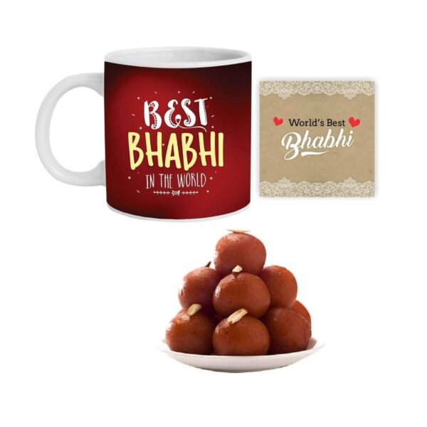 Yaya Cafe Rakhi Sweets Gift Combo for Bhabhi, Best Bhabhi in The World Hamper Set of 4 - Mug, Coaster, Gulab Jamun - 1 Kg,