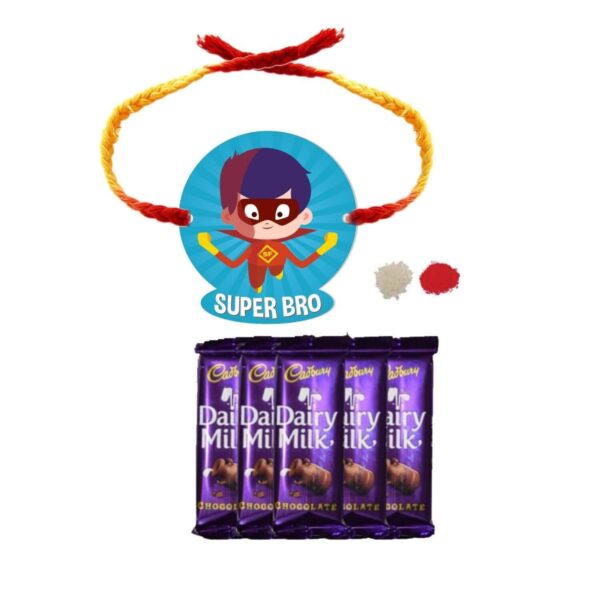 YaYa Cafe™ Rakhi Chocolates Gift Combo for Brother, Super Bro Rakhi with 5 Pcs Dairy Milk Chocolate Gift Combo Birthday