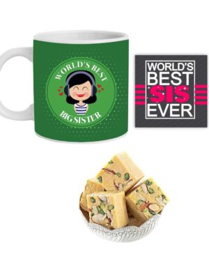 Yaya Cafe Rakhi Sweets Gift Combo for Sister, Worlds Best Big Sister Hamper Set of 3 - Mug, Coaster, Badam Patisa - 1 Kg