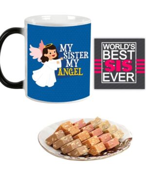 Yaya Cafe Rakhi Sweets Gift Combo for Sister,My Sister My Angel Hamper Set of 3 - Magic Mug, Coaster, MEWA Bites - 400 gm