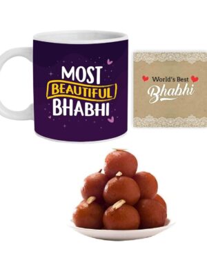 Yaya Cafe Rakhi Sweets Gift Combo for Bhabhi, Most Beautiful Bhabhi Hamper Set of 4 - Mug, Coaster, Gulab Jamun - 1 Kg, Printed