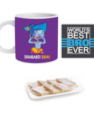 YaYa Cafe Birthday Rakhi Sweets Gift Combo for Brother Shararti Bhai Hamper Set of 2 - Mug, Coaster, Kaju Katli - 200 gm