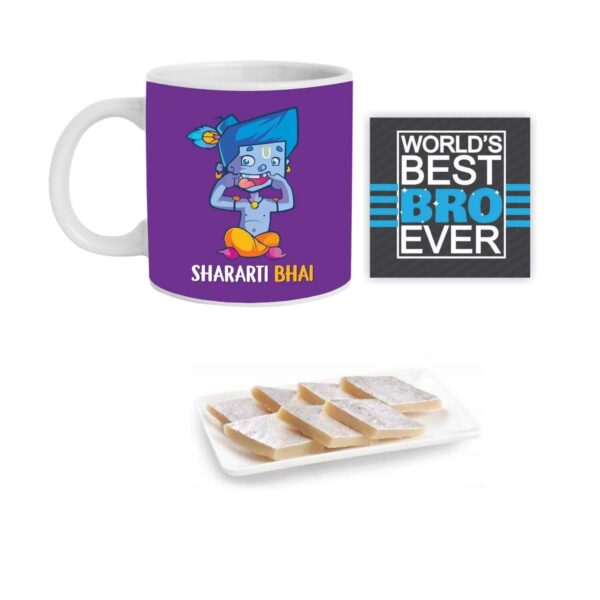 YaYa Cafe Birthday Rakhi Sweets Gift Combo for Brother Shararti Bhai Hamper Set of 2 - Mug, Coaster, Kaju Katli - 200 gm