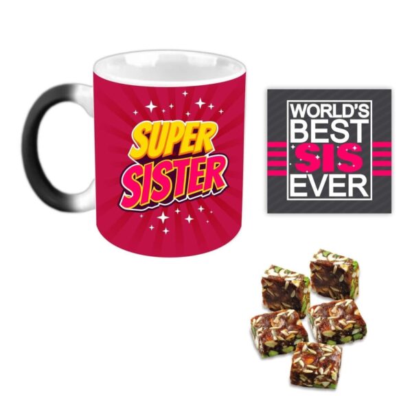 Yaya Cafe™ Rakhi Sweets Gift Combo for Sister, Super Sister Mug, Anjeer barfi, Coaster Gift Combo of 3 Birthday