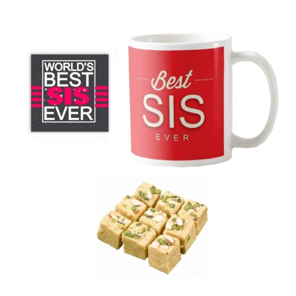 Yaya Cafe� Rakhi Sweets Gift Combo for Sister, Best Sister Ever Mug, Badam Patisa, Coaster Gift Combo of 3 Birthday