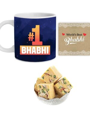 Yaya Cafe Rakhi Sweets Gift Combo for Bhabhi, 1 Bhabhi Hamper Set of 4 - Mug, Coaster, Badam Patisa - 1 Kg, Printed Rakhi (No.1
