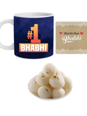 Yaya Cafe Rakhi Sweets Gift Combo for Bhabhi, 1 Bhabhi Hamper Set of 4 - Mug, Coaster, Rasgulla - 1 Kg, Printed Rakhi (No.1