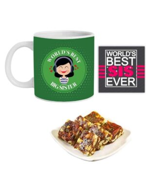 Yaya Cafe Rakhi Sweets Gift Combo for Sister, Worlds Best Big Sister Hamper Set of 3 - Mug, Coaster, Anjeer Burfi - 1 Kg