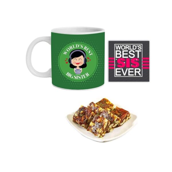 Yaya Cafe Rakhi Sweets Gift Combo for Sister, Worlds Best Big Sister Hamper Set of 3 - Mug, Coaster, Anjeer Burfi - 1 Kg