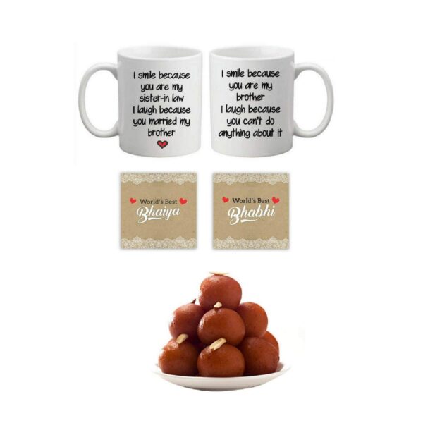 Yaya Cafe™ Rakhi Sweets Gift Combo for Bhaiya Bhabhi, Funny Teasing I Smile I Laugh Bhaiya Bhabhi Mug, Gulabjamun, Coaster