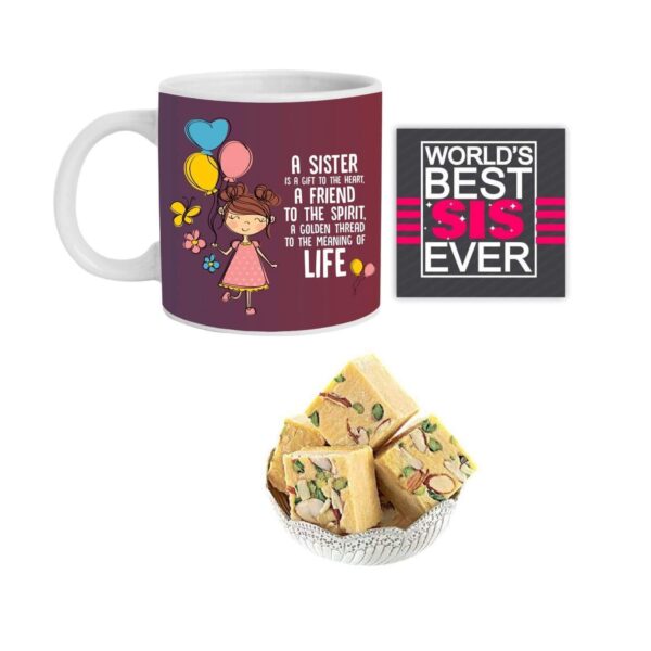 Yaya Cafe Rakhi Sweets Gift Combo for Sister, A Sister is A Gift to The Heart Hamper Set of 3 - Mug, Coaster, Badam Patisa - 1