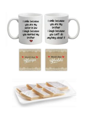 YaYa Cafe™ Birthday Rakhi Sweets Gift Combo for Brother Bhabhi, Funny Teasing I Smile I Laugh Bhaiya Bhabhi Couple Mugs,
