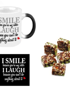 Yaya CafeÖ Rakhi Sweets Gift Combo for Sister, Funny Teasing I Smile I Laugh Sister Mug, Anjeer barfi, Coaster Gift Combo of 3