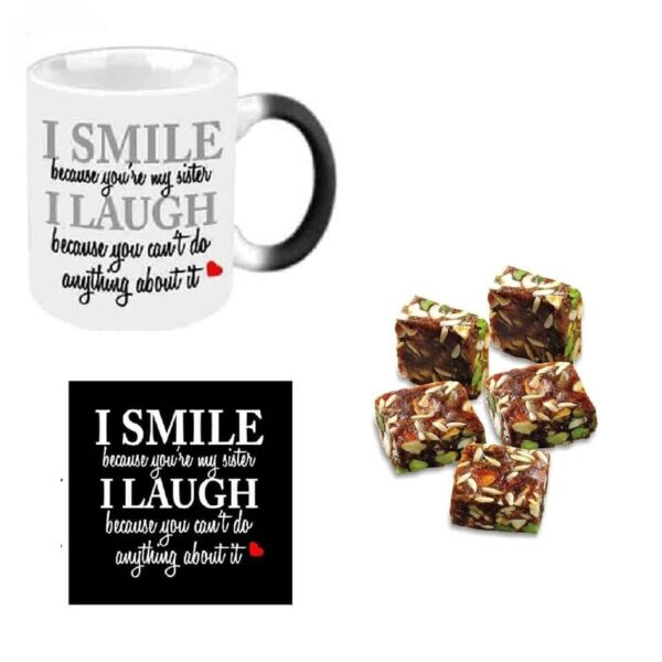 Yaya CafeÖ Rakhi Sweets Gift Combo for Sister, Funny Teasing I Smile I Laugh Sister Mug, Anjeer barfi, Coaster Gift Combo of 3