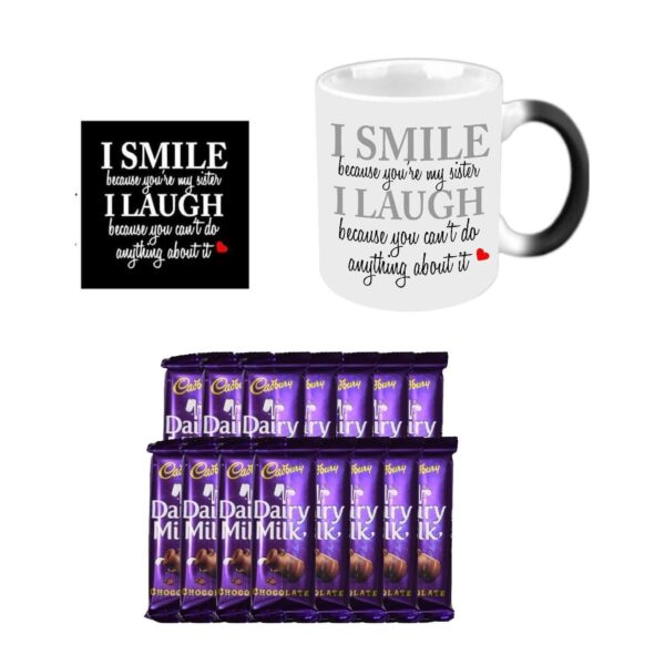 TheYaYaCafe Wood Birthday Rakhi Combo for Sister Funny Teasing I Smile I Laugh Magic Mug with 5 Dairy Milk Chocolates, Coaster