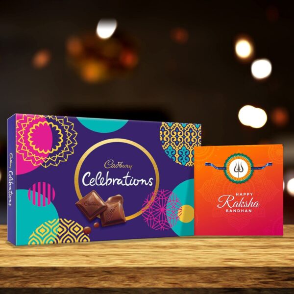 YaYa cafe Assorted Chocolate Cadbury Celebrations (186.6 g) with Ganesha Printed Rakhi Gift Combo (Beige)