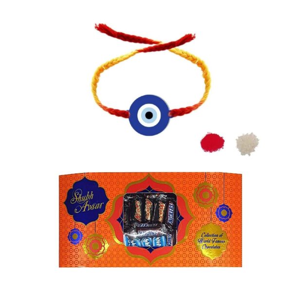 YaYa Cafe Rakhi Chocolates Gift Combo for Brother, Evil Eye Rakhi with Imported Bounty Snickers Mars Chocolates