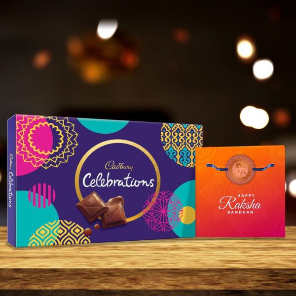 YaYa cafe Assorted Chocolate Cadbury Celebrations (186.6 g) with Ganesha Printed Rakhi Gift Combo (Beige)