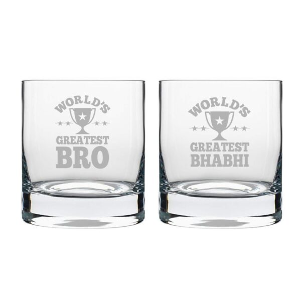 TheYaYaCafe Worlds Greatest Brother Bhabhi Couple Whiskey Glasses - 325 ml, Coasters - Set of 4