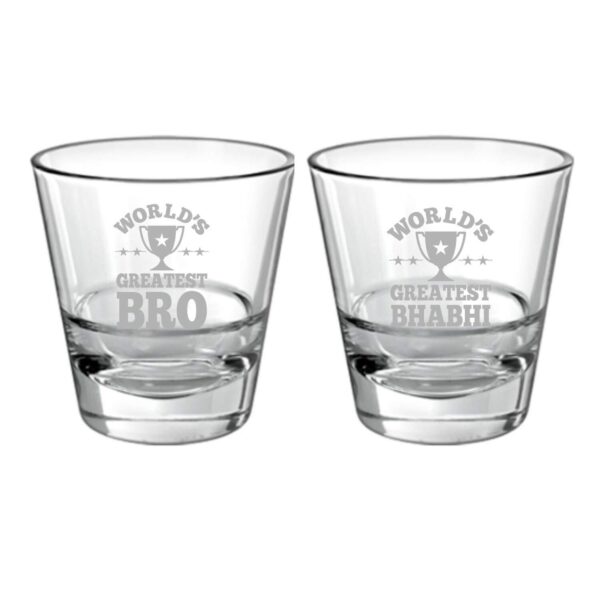 TheYaYaCafe Worlds Greatest Brother Bhabhi Couple Whiskey Glasses - 325 ml, Coasters - Set of 4