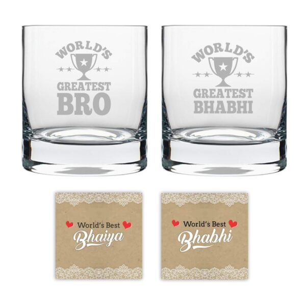 TheYaYaCafe Worlds Greatest Brother Bhabhi Couple Whiskey Glasses - 325 ml, Coasters - Set of 4
