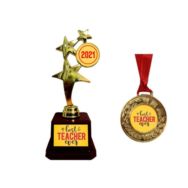 Yaya Cafe™ Best Teacher Ever 2021 Trophy Award and Medal Combo - Golden