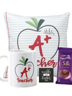 YaYa cafe™ Teachers Day Gift Combo, A Plus Teacher Mug, Cushion Cover, 1 Dairy Milk Silk Chocolate (60 gm), with Coaster