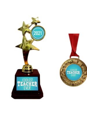 Yaya Cafe™ Coolest Teacher Ever 2021 Trophy Award and Medal Combo - Golden