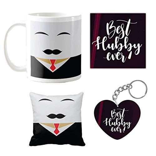 Anniversary Birthday Gifts for Husband Special Romantic, Funky Moustache Gentleman Husband Coffee Mugs for Husband Gift Combo Hamper Set of 4 with Mug, Cushion Cover, Coaster, Keychain