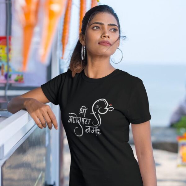 TheYaYaCafe® Ganesh Ji Printed Women's Cotton T-Shirt, Round Neck, Half Sleeve Ganesh Chaturthi T-Shirt for Women