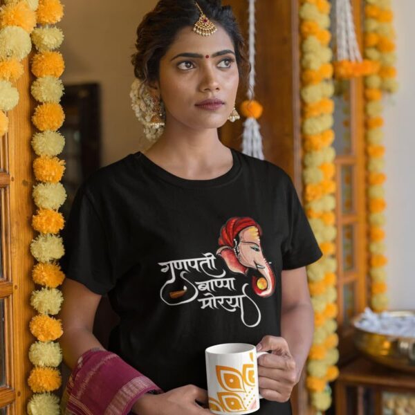 TheYaYaCafe® Ganesh Ji Printed Women's Cotton T-Shirt, Round Neck, Half Sleeve Ganesh Chaturthi T-Shirt for Women