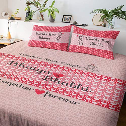 Anniversary Gifts Printed Bedsheet with 2 Pillow Covers - Worlds Best Bhaiya Bhabhi - Multi