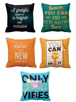A Grateful Heart is A Magnet Motivational Quotes Printed Canvas Cotton Cushion Covers (Multicolour, 16x16 inches) -Set of 5