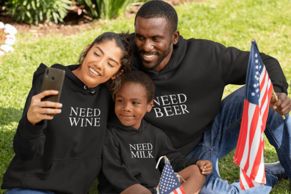 Need Beer Milk Wine Family Hoodies for Mom, Dad and Kid Set of 3