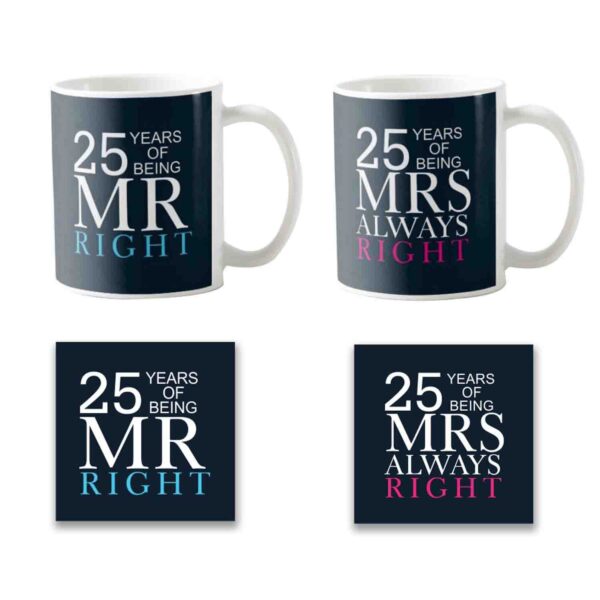 25th Anniversary Mr Right Mrs Always Right Couple Coffee Mugs Set of 2