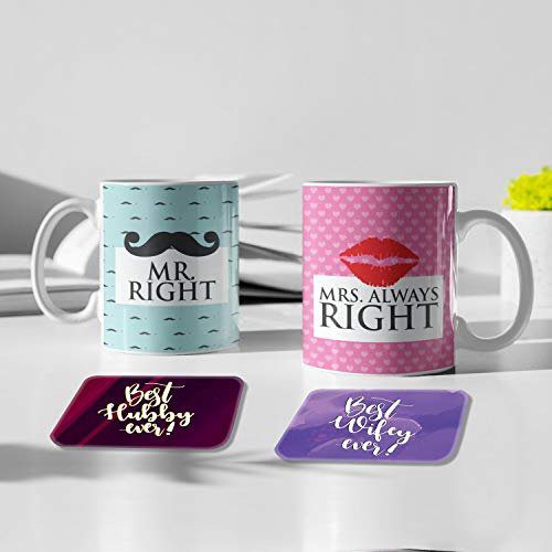 Valentine Gift Combo for Husband Wife Couple Mugs Mr Right Mrs Always Right with Coaster, Cushions