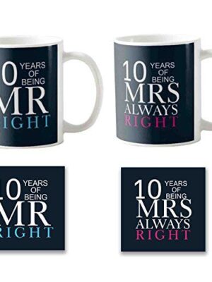 10th Anniversary Gifts, Mr Right Mrs Always Right Couple Coffee Mug Set of 2 with Coasters, Marriage Wedding Anniversary Gifts for Couples, Husband, Wife