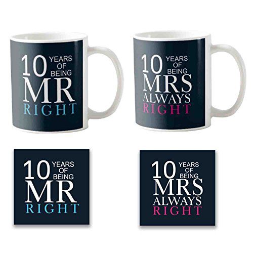 10th Anniversary Gifts, Mr Right Mrs Always Right Couple Coffee Mug Set of 2 with Coasters, Marriage Wedding Anniversary Gifts for Couples, Husband, Wife