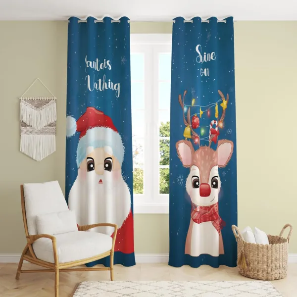 Santa and Reindeer Printed Christmas Curtain