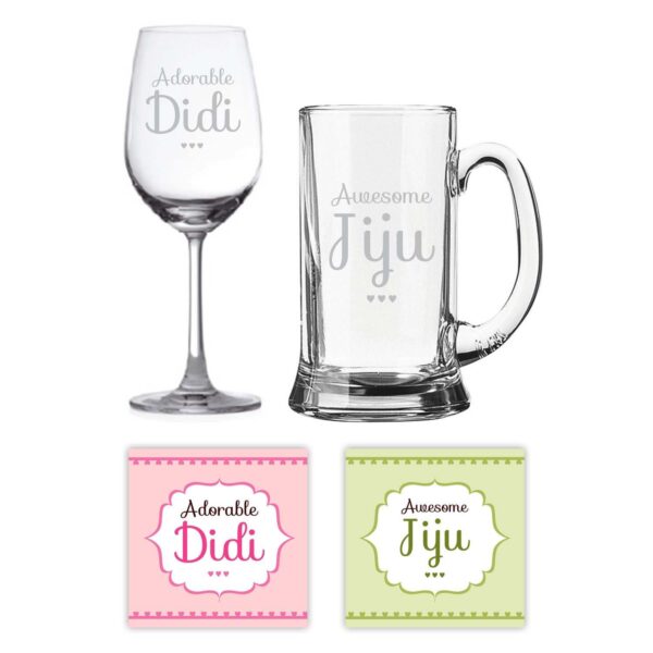 Engraved Awesome Jiju Adorable Didi Beer Mug And Wine Glass