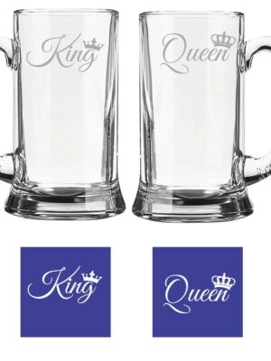 Engraved King Queen Beer Mug Set of 2