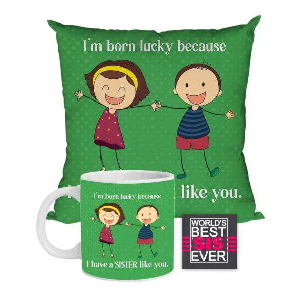 I Am Born Lucky Because I Have A Sister Like You Gift Combo Hamper Set of 3 - Mug, Coaster,
