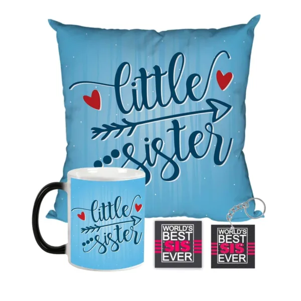 Little Sister Gift Combo Hamper Set of 4 - Magic Mug, Coaster, Cushion Cover, Keychain