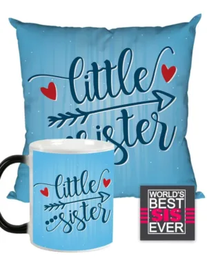 Little Sister Gift Combo Hamper Set of 4 - Magic Mug, Coaster, Cushion Cover, Keychain