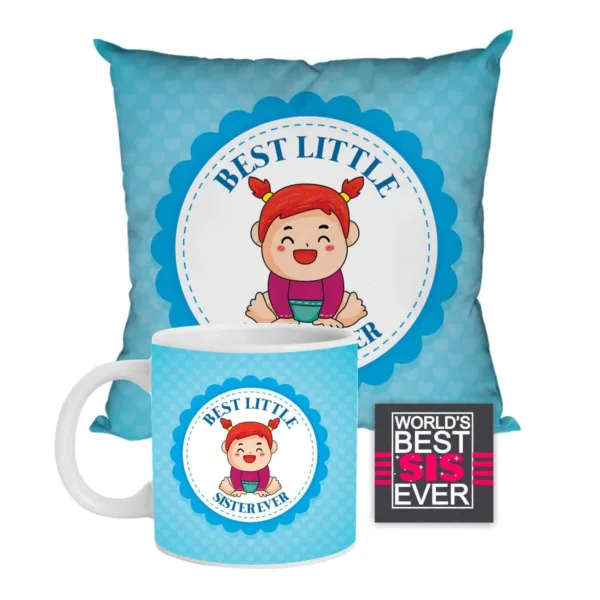 Best Little Sister Ever Gift Combo Hamper Set of 3 - Mug, Coaster, Cushion