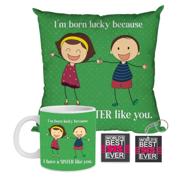 I Am Born Lucky Because I Have A Sister Like You Gift Combo Hamper Set of 3 - Mug, Coaster,